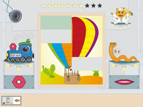 Screenshot: Ein buntre Ballon wird in einem Puzzle gebaut in der Sprachforscher-App von LIFEtool