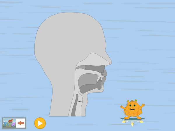 Screenshot: Sprechkopf, Seitenansicht eines Kopfes mit den Sprechwerkzeugen in der Sprachforscher-App von LIFEtool