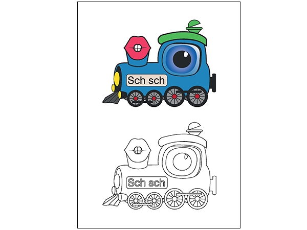 Abbildung: Lokomotive Schorschi Schnaufi in Farbe und in schwarz / weiß zum Ausmalen